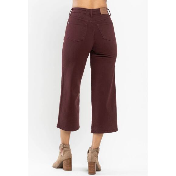 Judy Blue High Waist Tummy Control Wide Leg Crop Denim Jeans Size 15/32 Oxblood - Picture 2 of 12